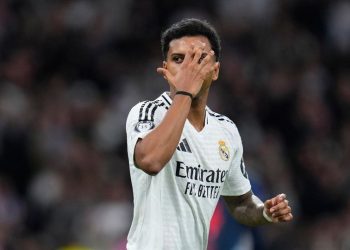 Selebrasi Rodrygo dalam laga Liga Champions antara Real Madrid vs Salzburg, Kamis (23/1/2025). (c) AP Photo/Manu Fernandez