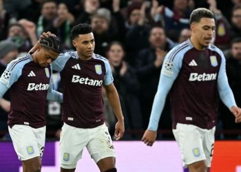 Striker Aston Villa Ollie Watkins (merayakan gol ketiga tim pada laga Liga Champions antara Aston Villa dan Celtic di Villa Park di Birmingham, Inggris tengah pada 29 Januari 2025. (AFP/JUSTIN TALLIS)