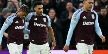 Striker Aston Villa Ollie Watkins (merayakan gol ketiga tim pada laga Liga Champions antara Aston Villa dan Celtic di Villa Park di Birmingham, Inggris tengah pada 29 Januari 2025. (AFP/JUSTIN TALLIS)