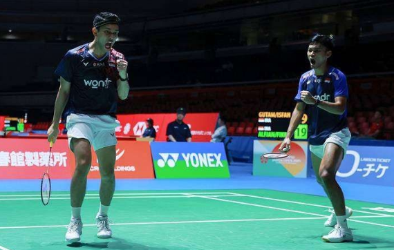 Fajar Alfian/Muhammad Shohibul Fikri sukses melaju ke 16 besar Japan Open usai mengalahkan Sabar/Reza 24-22, 21-12, Selasa (15/7/2025). (PBSI)