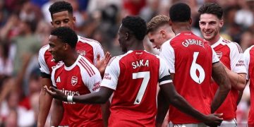 Momen selebrasi gol Jurrien Timber dalam pertandingan Liga Inggris antara Arsenal vs Leeds United di Stadion Emirates di London pada 23 Agustus 2025. (Foto oleh HENRY NICHOLLS / AFP)(AFP/HENRY NICHOLLS)