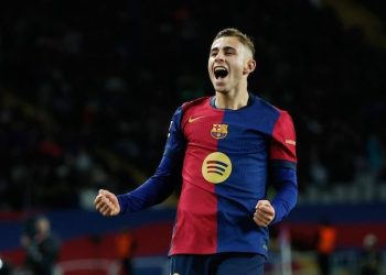 Selebrasi Fermin Lopez dalam laga La Liga antara Barcelona vs Valencia, Senin (27/1/2025). (c) AP Photo/Joan Monfort