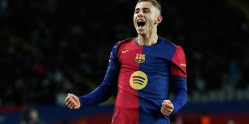 Selebrasi Fermin Lopez dalam laga La Liga antara Barcelona vs Valencia, Senin (27/1/2025). (c) AP Photo/Joan Monfort