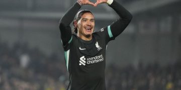 Selebrasi Darwin Nunez usai membobol gawang Brentford, Sabtu (18/1/2025) (c) AP Photo/Kirsty Wigglesworth