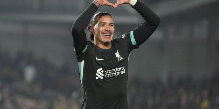 Selebrasi Darwin Nunez usai membobol gawang Brentford, Sabtu (18/1/2025) (c) AP Photo/Kirsty Wigglesworth