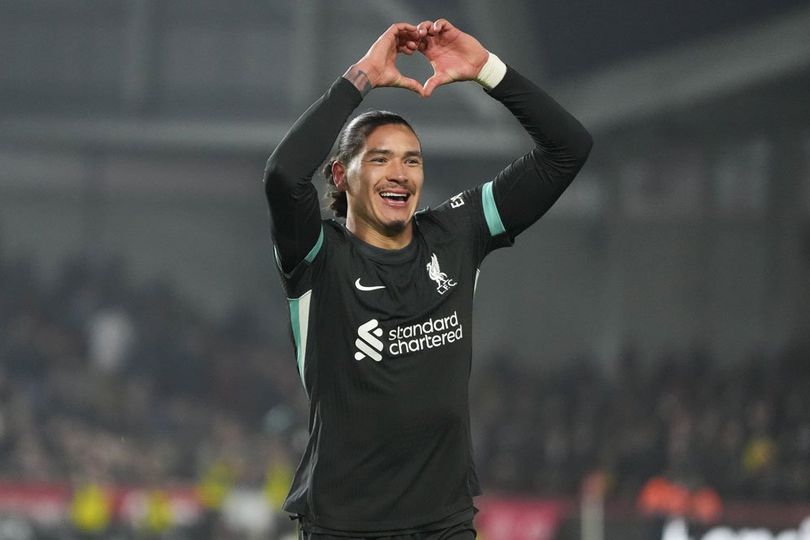 Selebrasi Darwin Nunez usai membobol gawang Brentford, Sabtu (18/1/2025) (c) AP Photo/Kirsty Wigglesworth