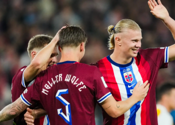 Norwegia pesta gol 11-1 atas Moldova di Kualifikasi Piala Dunia 2026. Erling Haaland cetak 5 gol, Thelo Aasgaard borong 4 gol, rekor bersejarah tercipta. (AFP)