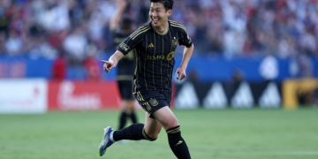 Son Heung-Min #7 dari LAFC merayakan gol pembuka dalam pertandingan MLS antara FC Dallas dan Los Angeles Football Club di Stadion Toyota pada 23 Agustus 2025 di Frisco, Texas. (Omar Vega/Getty Images via AFP)