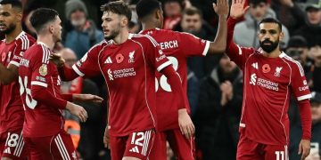 Penyerang Liverpool, Mohamed Salah, merayakan gol pembuka pada laga Liga Inggris antara Liverpool dan Aston Villa di Anfield di Liverpool, barat laut Inggris pada 1 November 2025.(AFP/PAUL ELLIS)