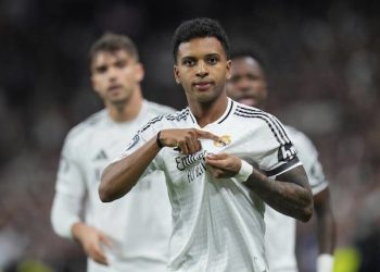 Selebrasi Rodrygo dalam laga Liga Champions antara Real Madrid vs Atletico Madrid, Rabu (5/3/2025). (c) AP Photo/Manu Fernandez