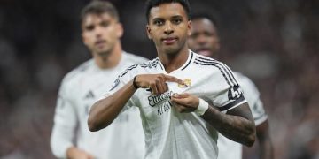 Selebrasi Rodrygo dalam laga Liga Champions antara Real Madrid vs Atletico Madrid, Rabu (5/3/2025). (c) AP Photo/Manu Fernandez