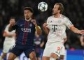 Pemain PSG Marquinhos dan Bayern Harry Kane pada pertandingan Liga Champions, Rabu, 5 November 2025. (c) AP Photo/Thibault Camus
