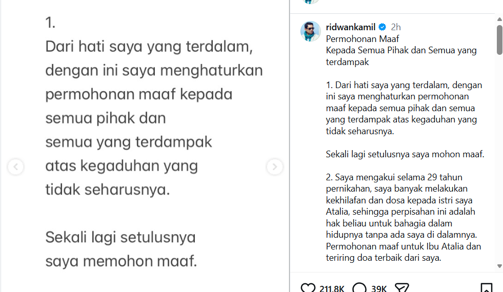 tangkapan layar instagram Ridwan Kamil. (ig@ridwankamil)