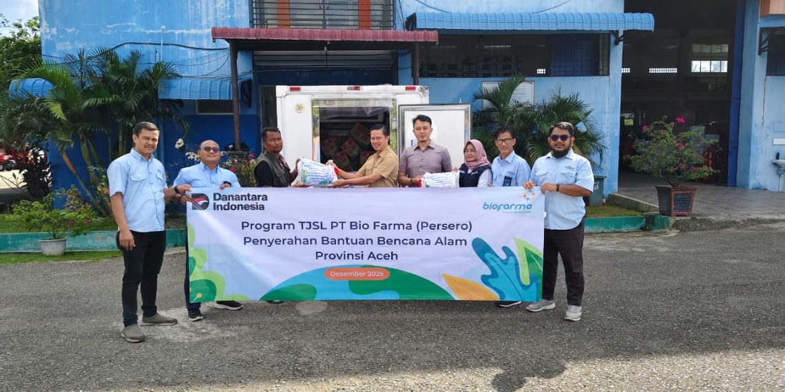 Bio Farma bantuan banjir Aceh disalurkan bersama Kimia Farma melalui BPBA. BUMN Farmasi pastikan kebutuhan dasar cepat tersampaikan ke pengungsian di Bireuen. (Ist)
