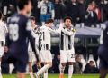 Skuad Juventus merayakan gol Weston McKennie ke gawang Pafos di matchday 6 league phase Liga Champions 2025/2026 di Allianz Stadium, Kamis (11/12/2025) dini hari WIB. (Fabio Ferrari/LaPresse via AP)