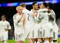 Selebrasi Kylian Mbappe dkk, dalam laga Real Madrid vs Monaco di Liga Champions, Rabu (21/1/2026). (AP Photo/Jose Breton)