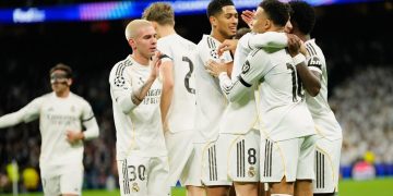 Selebrasi Kylian Mbappe dkk, dalam laga Real Madrid vs Monaco di Liga Champions, Rabu (21/1/2026). (AP Photo/Jose Breton)