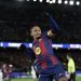 Penyerang Barcelona asal Brasil, Raphinha, merayakan gol ketiga timnya pada laga pekan ke-8 fase liga Liga Champions antara FC Barcelona dan FC Copenhagen di Stadion Camp Nou di Barcelona pada 28 Januari 2026.(AFP/LLUIS GENE)