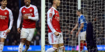 Penyerang Arsenal Gabriel Martinelli (kanan) merayakan keberhasilannya mencetak gol ke gawang Portsmouth pada pertandingan babak ketiga Piala FA di Stadion Fratton Park, Portsmouth, Minggu (11/1/2026) waktu setempat. (arsenal.com)