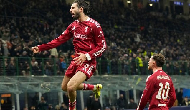 Dominik Szoboszlai merayakan golnya ke gawang Inter Milan, Rabu (10/12/2025) dini hari WIB (c) AP Photo/Luca Bruno