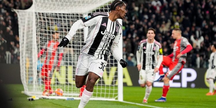Momen selebrasi Jonathan David setelah mencetak gol kedua timnya dalam laga Serie A antara Juventus vs Cremonese di Turin, 13 Januari 2026 (c) Fabio Ferrari/LaPresse via AP