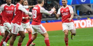 Pemain Arsenal, Gabriel Jesus, merayakan gol kedua timnya dalam pertandingan Liga Champions melawan Inter Milan, Rabu (21/1/2026). (c) AP Photo/Luca Bruno