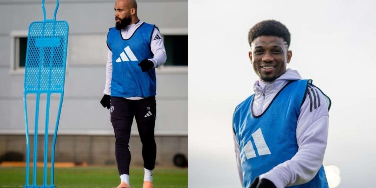 Mbeumo dan Amad saat berlatih bersama skuad Man Utd di Carrington (Foto : manutd.com )
