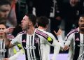 Penyerang Juventus, Dusan Vlahovic, merayakan gol pertama timnya pada laga Liga Champions Juventus vs Sporting CP di Stadion Allianz di Turin, pada tanggal 4 November 2025.(AFP/MARCO BERTORELLO)