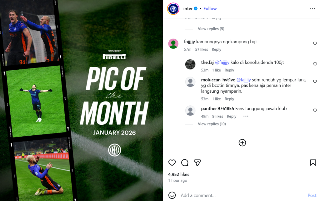 netizen Indonesia serbu akun medsos Inter Milan. (tangkapan layar ig @inter)