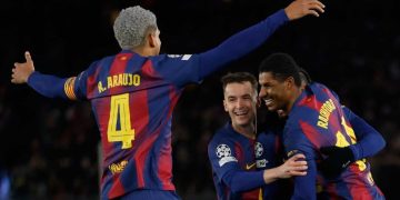 Pemain Barcelona, Marcus Rashford, merayakan gol bersama rekan setimnya dalam pertandingan Liga Champions, Kamis (29/1/2026) dini hari WIB. (c) AP Photo/Joan Monfort