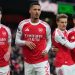 Para pemain Arsenal, Declan Rice, William Saliba, Martin Odegaard, dan Martin Zubimendi merayakan gol dalam pertandingan Liga Inggris melawan Brighton & Hove Albion di Emirates Stadium, Sabtu (27/12/2025). (AP Photo/Kirsty Wigglesworth)