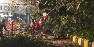 pohon besar tumbang menimpa restoran cepat saji di jalan Riau Bandung, Jumat (6/3/26) malam, satu motor hancur. (Uby/pasjabar)