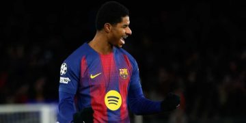 Pemain Barcelona, Marcus Rashford, merayakan gol keempat timnya dalam pertandingan Liga Champions kontra Copenhagen, Kamis (29/1/2026) dini hari WIB. (c) AP Photo/Joan Monfort