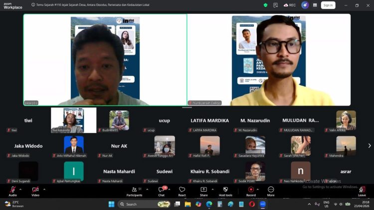 Diskusi daring "Temu Sejarah #110", Kamis (23/4/2026) yang bertajuk Jejak Sejarah Desa: Antara Eksodus, Pariwisata, dan Kedaulatan Lokal. (Ist)