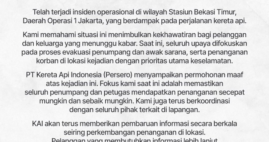 KAI Minta Maaf, Evakuasi Penumpang Jadi Prioritas Utama di Stasiun Bekasi Timur