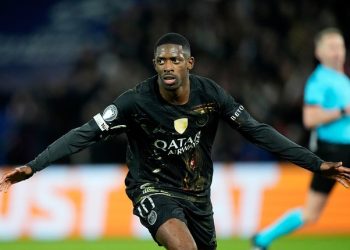Selebrasi winger PSG, Ousmane Dembele usai mencetak gol ke gawang Chelsea di leg pertama 16 besar Liga Champions, 12 Maret 2026. (c) AP Photo/Michel Euler