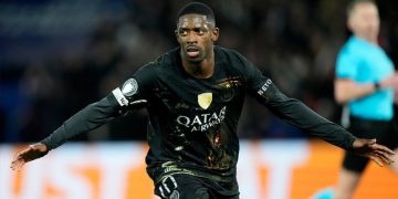 Selebrasi winger PSG, Ousmane Dembele usai mencetak gol ke gawang Chelsea di leg pertama 16 besar Liga Champions, 12 Maret 2026. (c) AP Photo/Michel Euler